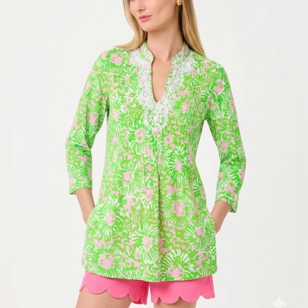 Lilly Pulitzer Sarasota Sunnyside Beaded Tunic Top Blouse Long Sleeve Women XS